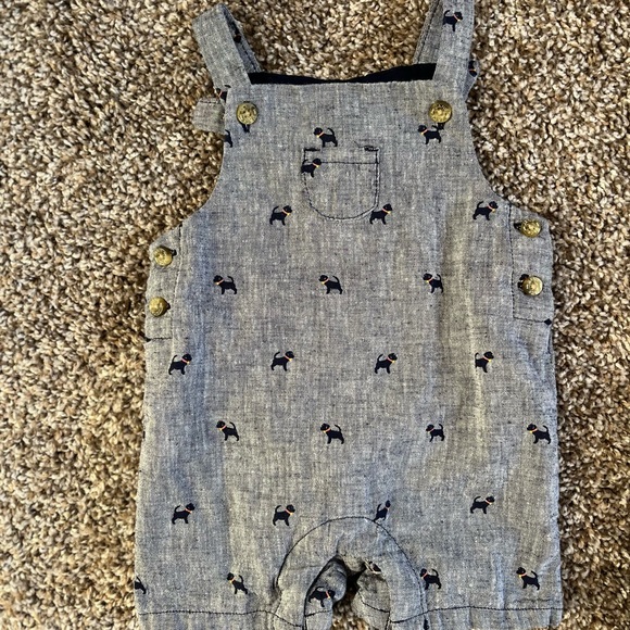 Lightly Worn 1 x overalls, blue striped, green striped and dogs. 0-3 months. - Picture 6 of 10